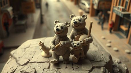 This artwork depicts a sculptural clay representation of a bear family embarking on an urban adventure, seen from a unique ov