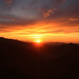 This stunning architectural color photograph captures a breathtaking sunset over a serene mountain valley. The image utilizes