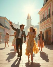 A captivating musical number unfolds in a vibrant town square, bathed in soft pastel hues and accented by bright lens flares.