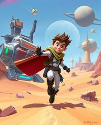 Embark on a vibrant sci-fi desert adventure with a brave, Disney-esque hero! This digitally painted masterpiece blends the ch
