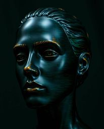 A captivating cast bronze sculpture featuring an intense jet black finish.  A digital glitch effect dramatically transforms a
