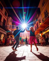 A vibrant musical number unfolds in a brightly lit town square, bursting with vivid colors and dynamic light streaks.  The sc