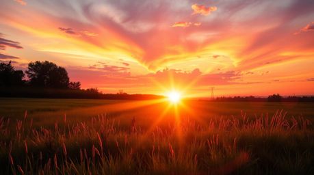A captivating image of a vibrant sunset over a tranquil meadow.  Bright lens flares create dramatic light streaks across the 