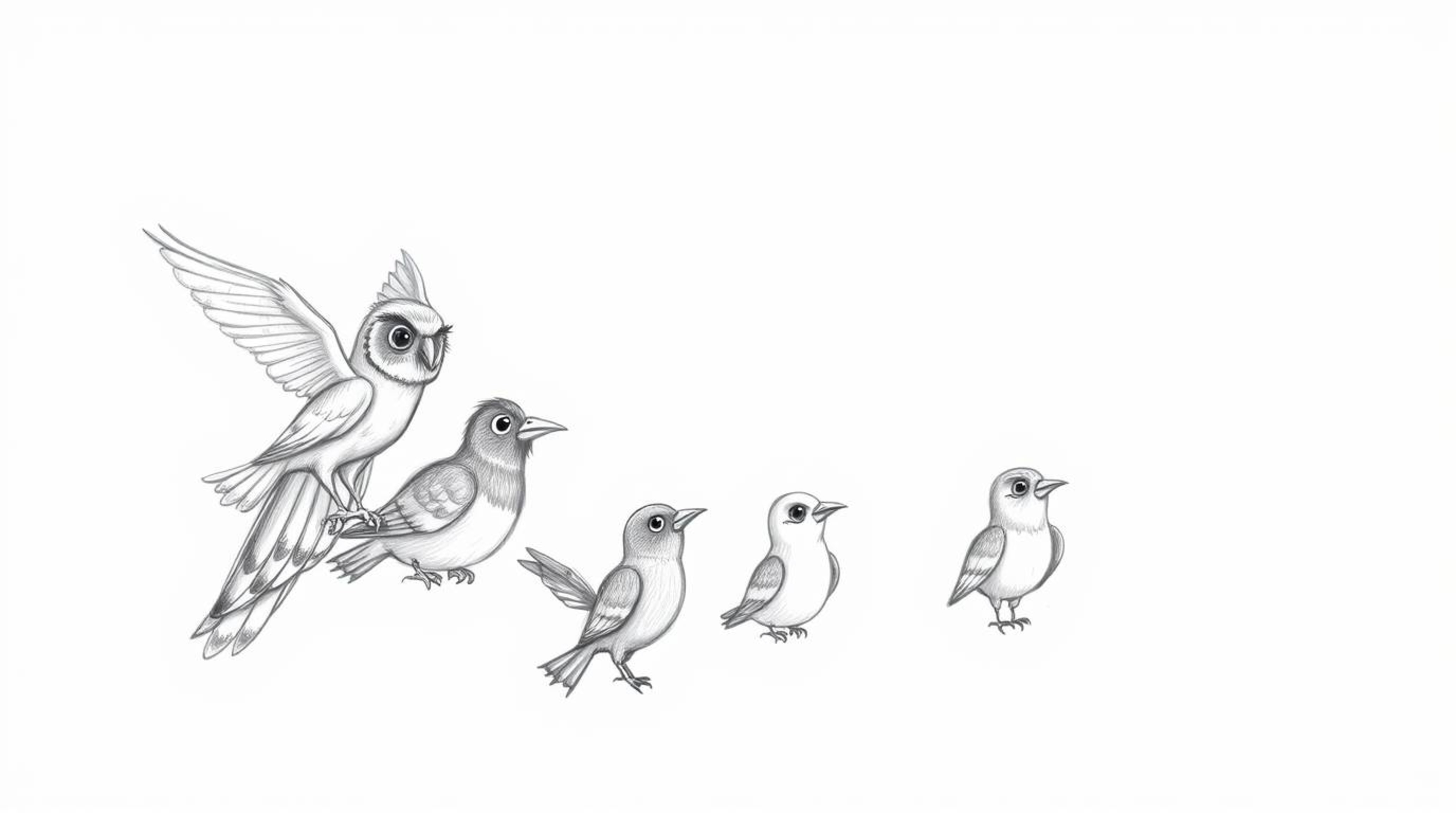 A heartwarming, hand-drawn sketch in Pixar style depicts a blind owl with a soft, feathery texture, passionately teaching a f