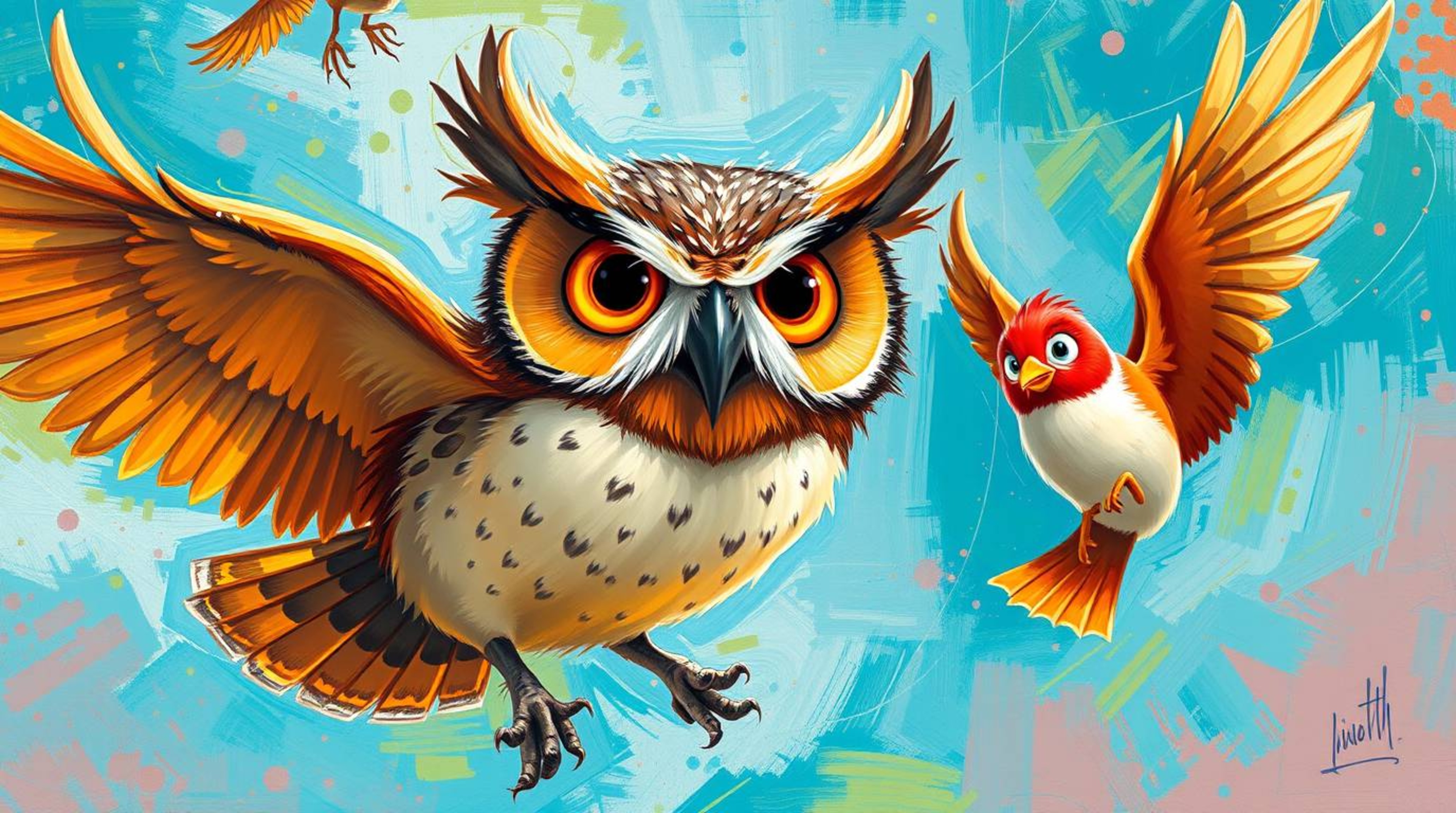 A vibrant and heartwarming acrylic painting in the style of Pixar, depicting a wise, blind owl with exceptionally expressive 