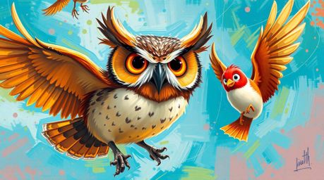 A vibrant and heartwarming acrylic painting in the style of Pixar, depicting a wise, blind owl with exceptionally expressive 