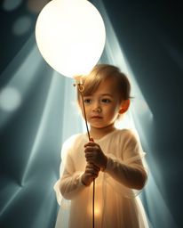 A captivating image showcasing ethereal and artistic lighting that gently illuminates a child holding a balloon. Abstract lig