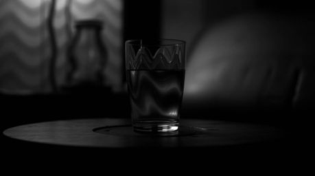 Explore an eerie and creepy atmosphere rendered in stark black and white, highlighting a glass object reflecting smooth gradi