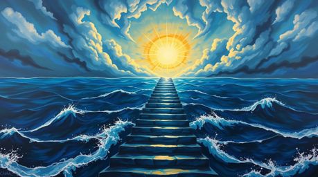 This bold acrylic painting captures a dramatic ocean staircase rising towards a stormy sky, illuminated by a divine sunburst.