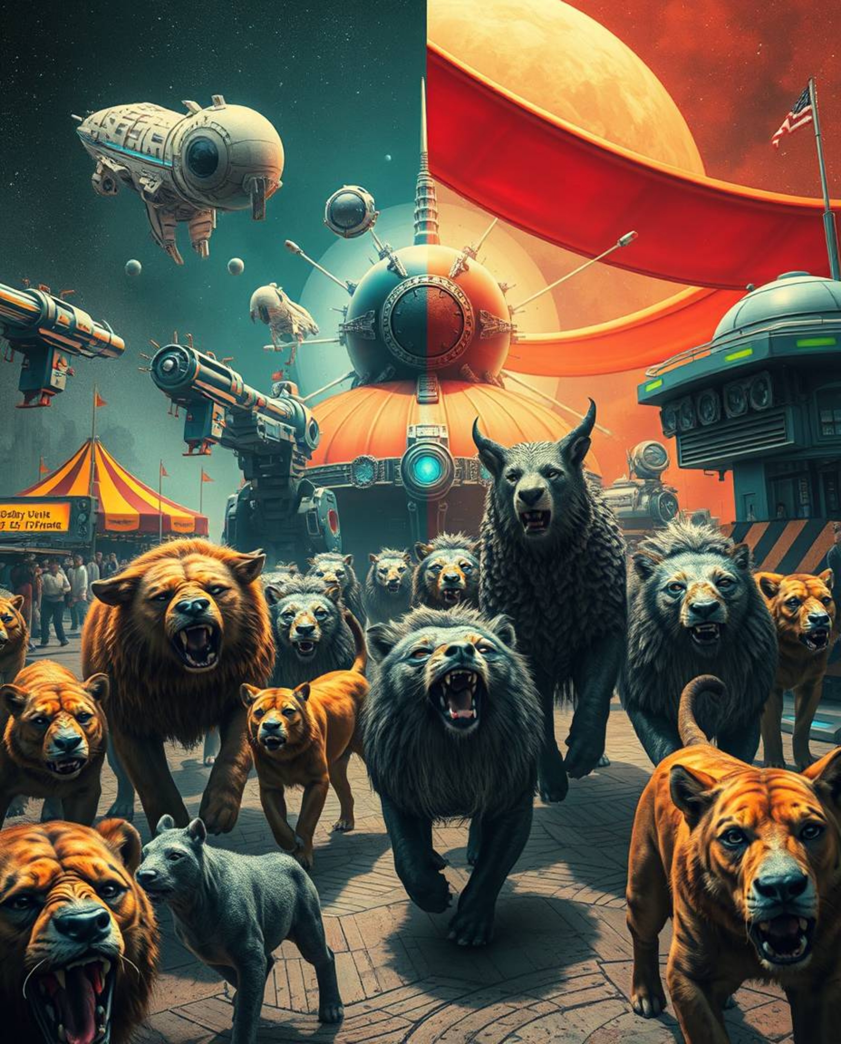 A futuristic sci-fi carnival scene dramatically altered, showcasing a distinct split composition featuring bold areas of adva