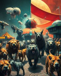 A futuristic sci-fi carnival scene dramatically altered, showcasing a distinct split composition featuring bold areas of adva
