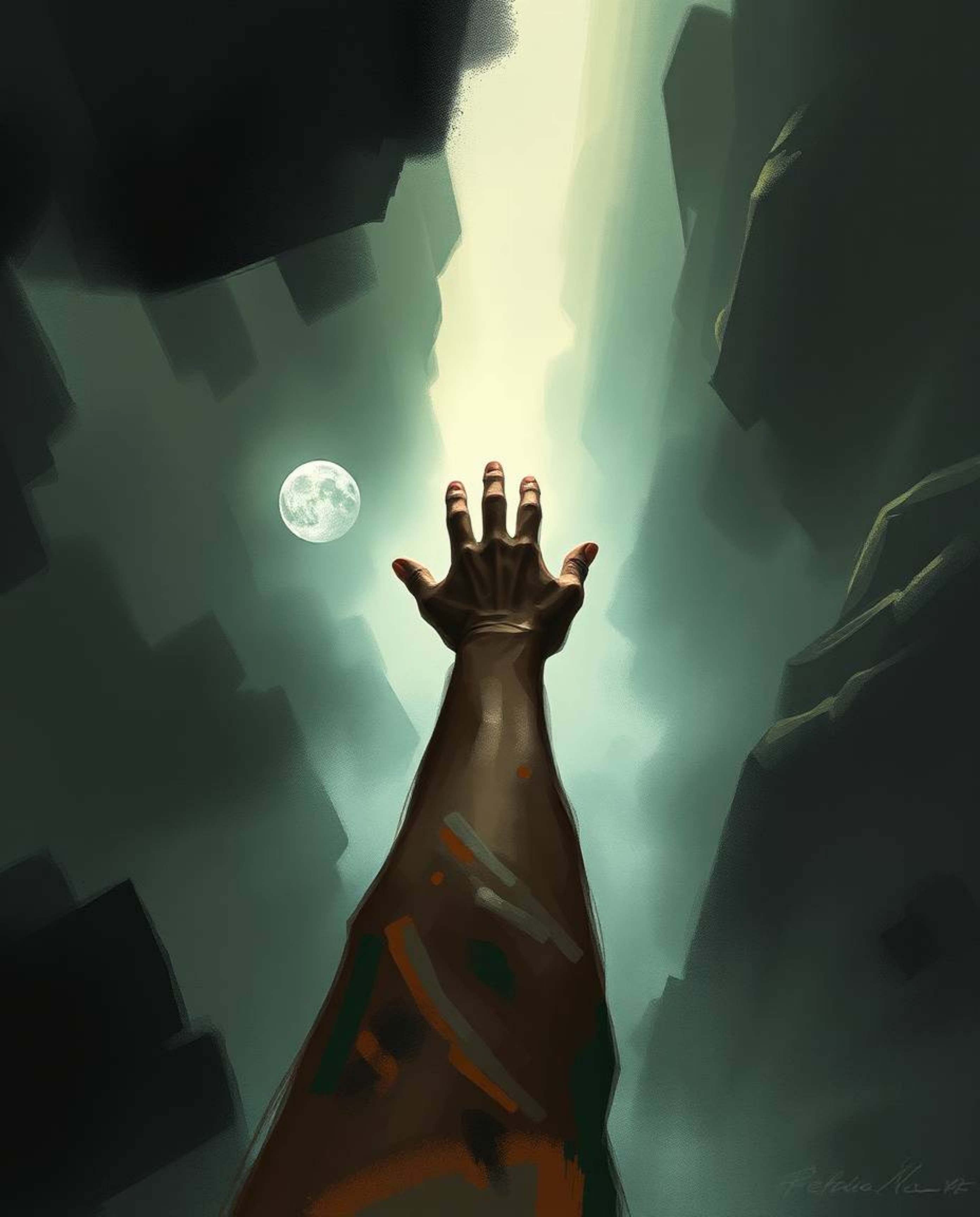 A dynamic digital sketch capturing a high-angle perspective within a misty atmosphere, showcasing painterly strokes and rich 