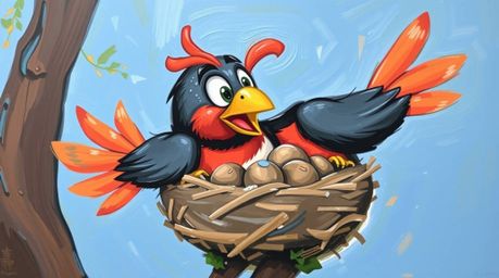 A bold acrylic painting depicts two cartoon birds, in the style of classic animation, diligently constructing their nest.  Th