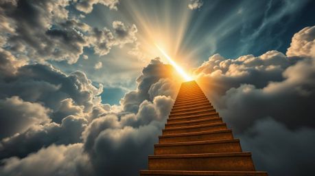 A captivating long-exposure photograph showcases a golden staircase ascending through dramatic, stormy clouds towards a radia