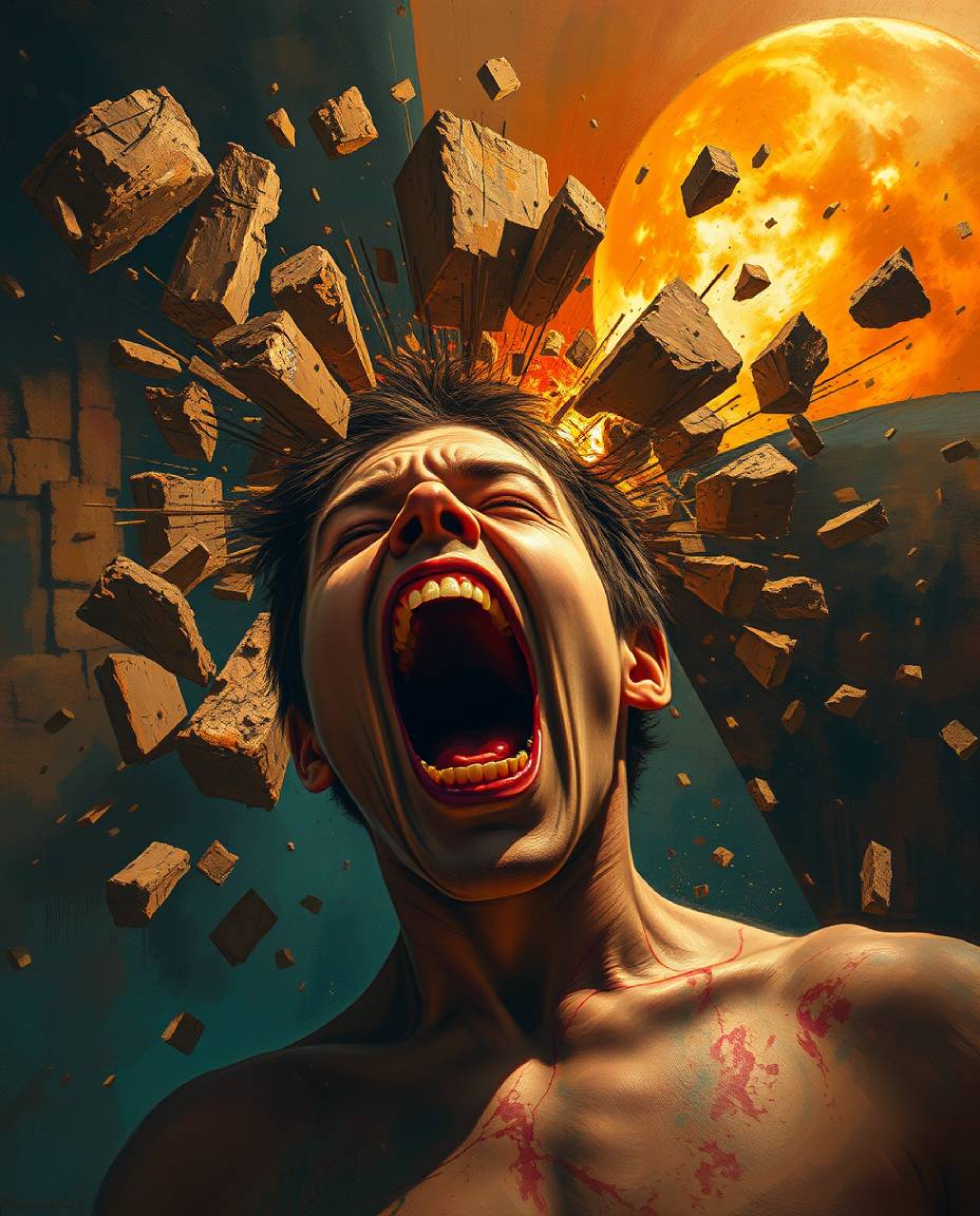 Experience a surreal fusion of classic and digital art with this stunning piece depicting a person screaming as the world aro