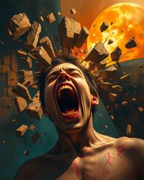 Experience a surreal fusion of classic and digital art with this stunning piece depicting a person screaming as the world aro