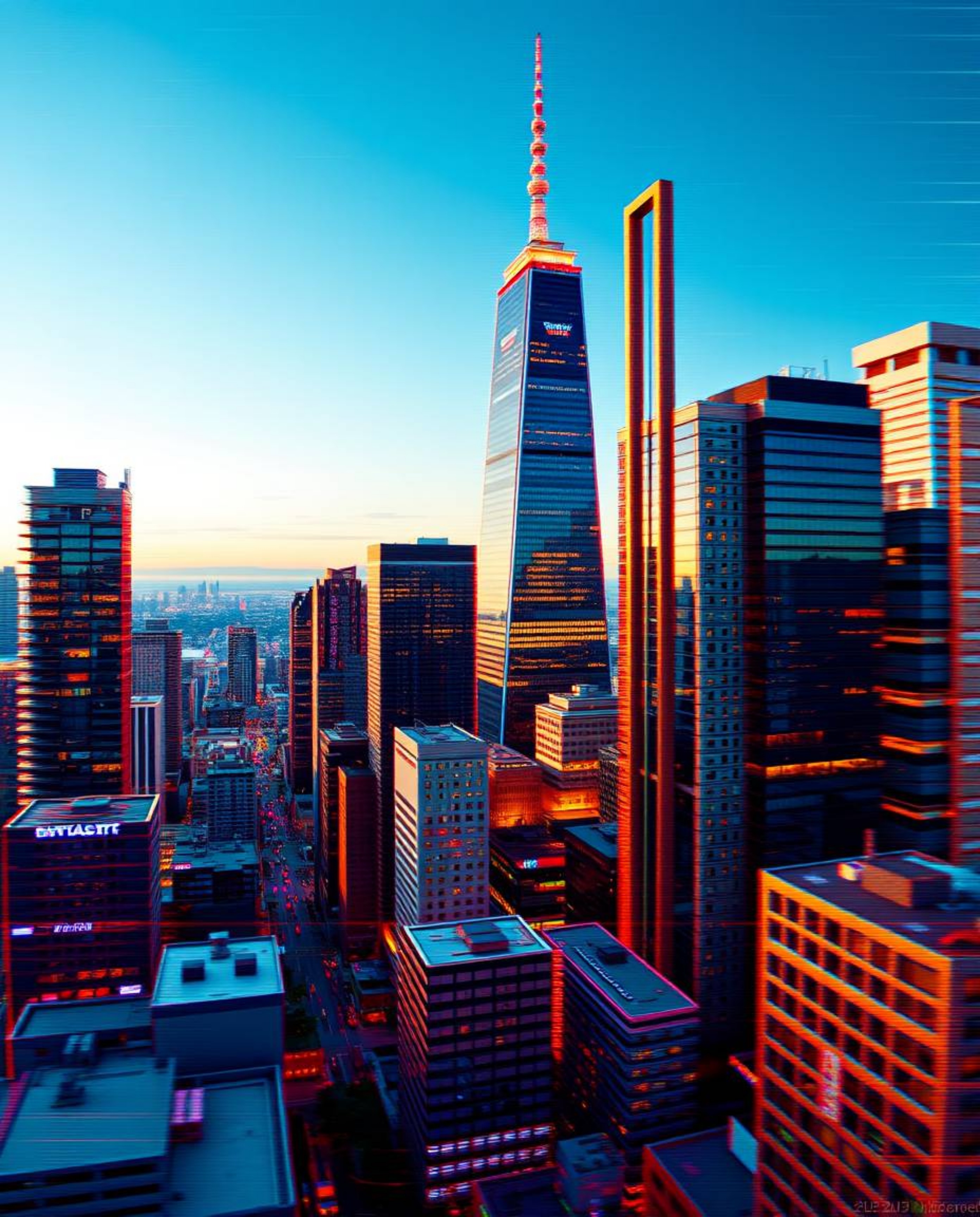 A high-resolution stock photo showcasing a glitchy and distorted cityscape with professional quality and commercial appeal. T