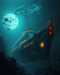An eerie and unsettling depiction of a futuristic sci-fi shipwreck illuminated deep underwater, showcasing advanced technolog