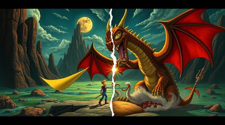 A captivating surreal image depicts a charming prince battling a dragon, rendered in a distinct 1950s animation style. The c