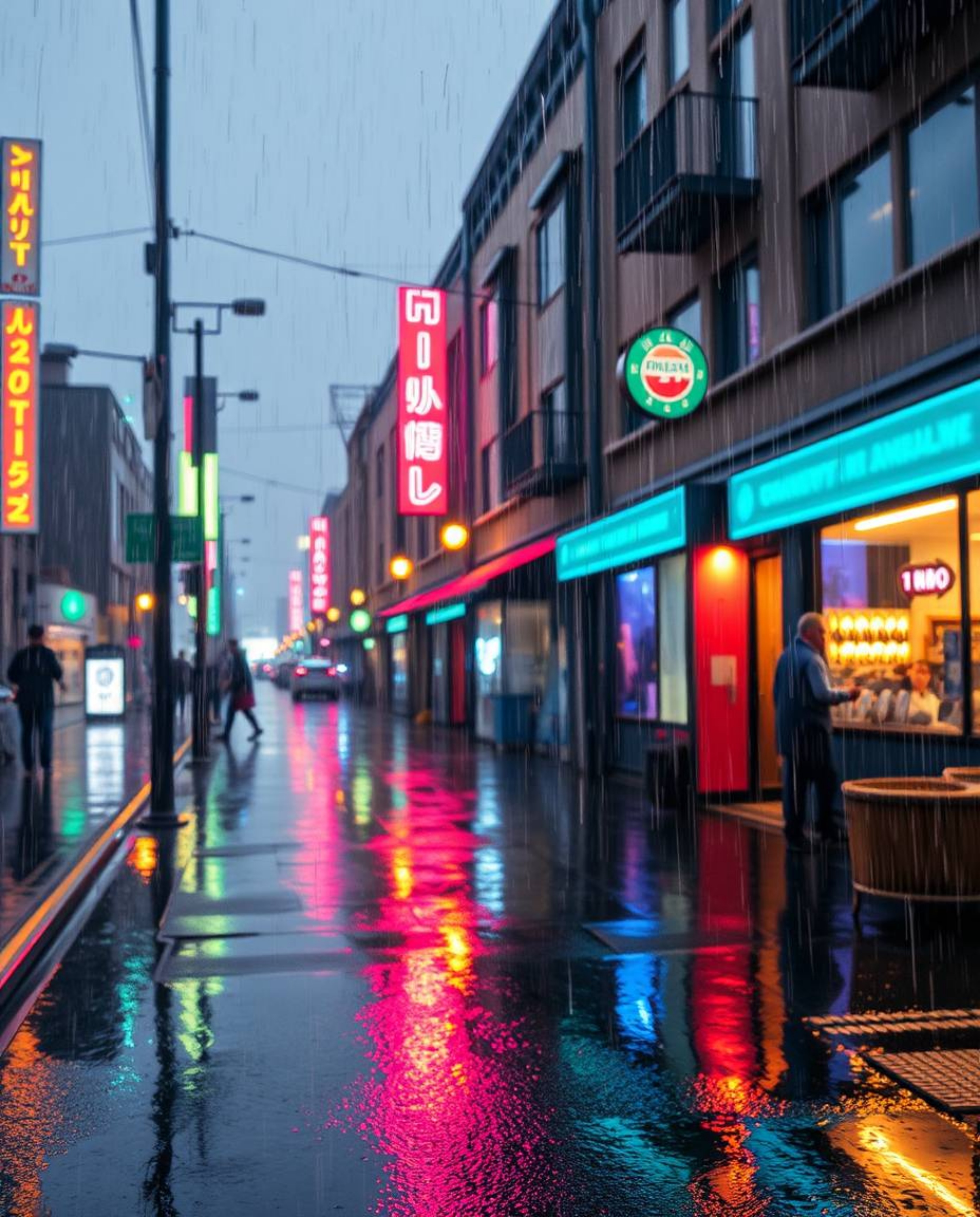 Discover a captivating surreal street scene featuring iridescent colors and reflective surfaces under a wet, rainy sky. Build