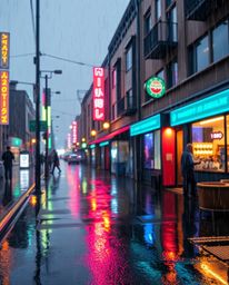 Discover a captivating surreal street scene featuring iridescent colors and reflective surfaces under a wet, rainy sky. Build
