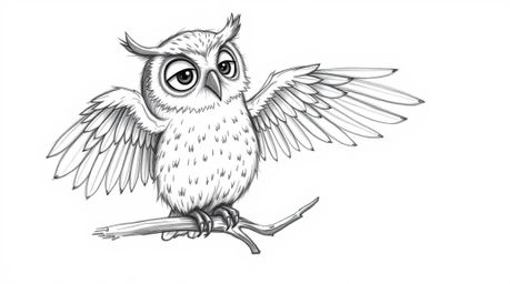 A heartwarming hand-drawn sketch in a Pixar-esque style depicts a blind owl with downy feathers and a serene expression, dili