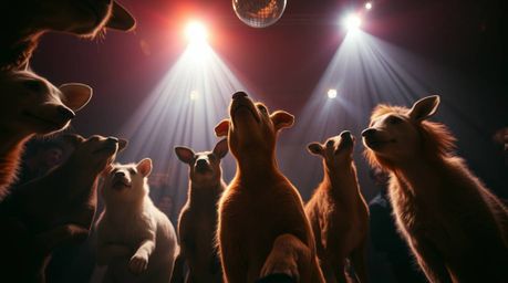 Experience the electrifying energy of an animal dance party captured from a dramatic low-angle perspective.  High-contrast, l