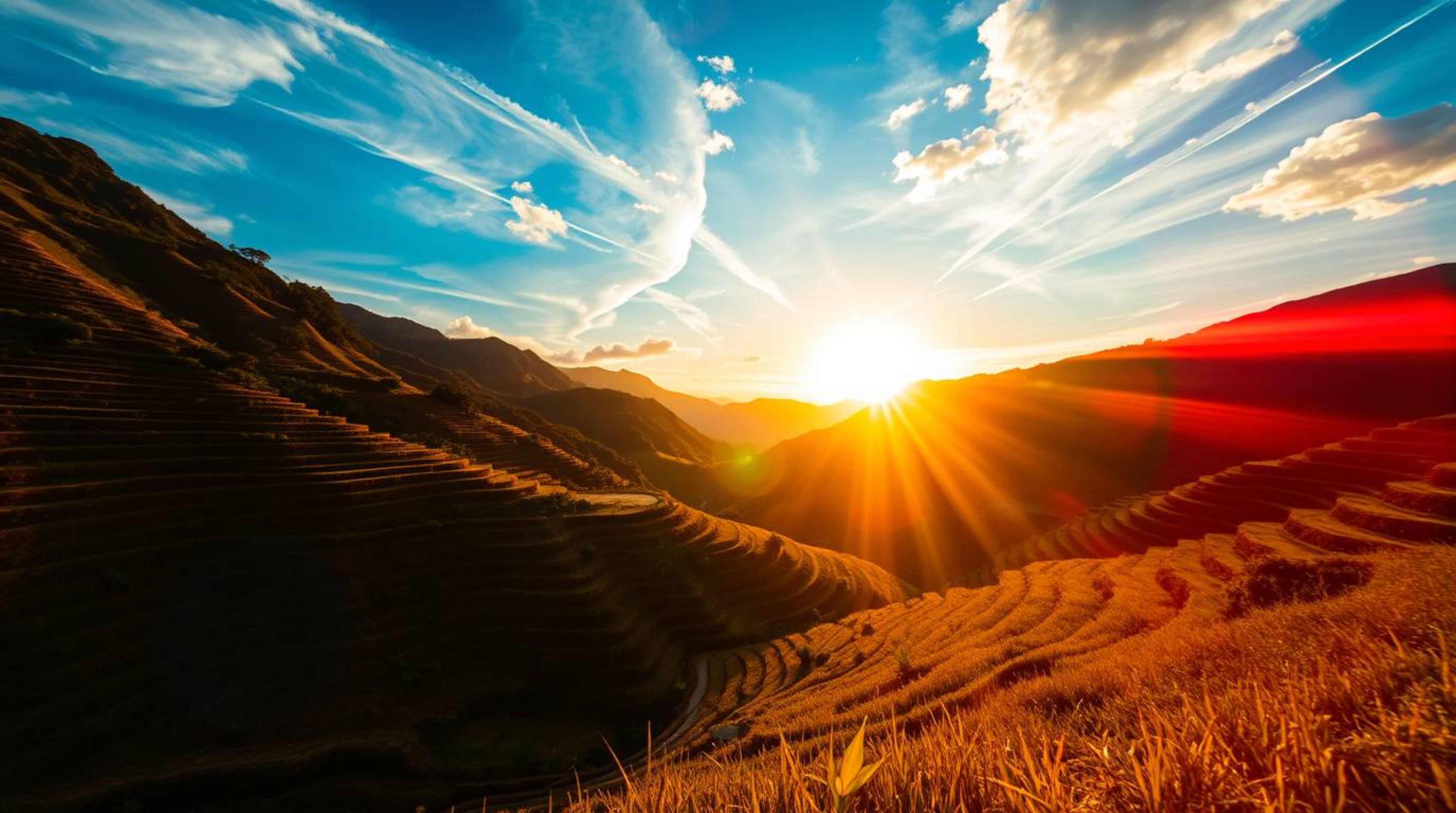 Witness the beauty of a dramatic sunset over vibrant rice terraces nestled in the mountains. This low-angle perspective captu
