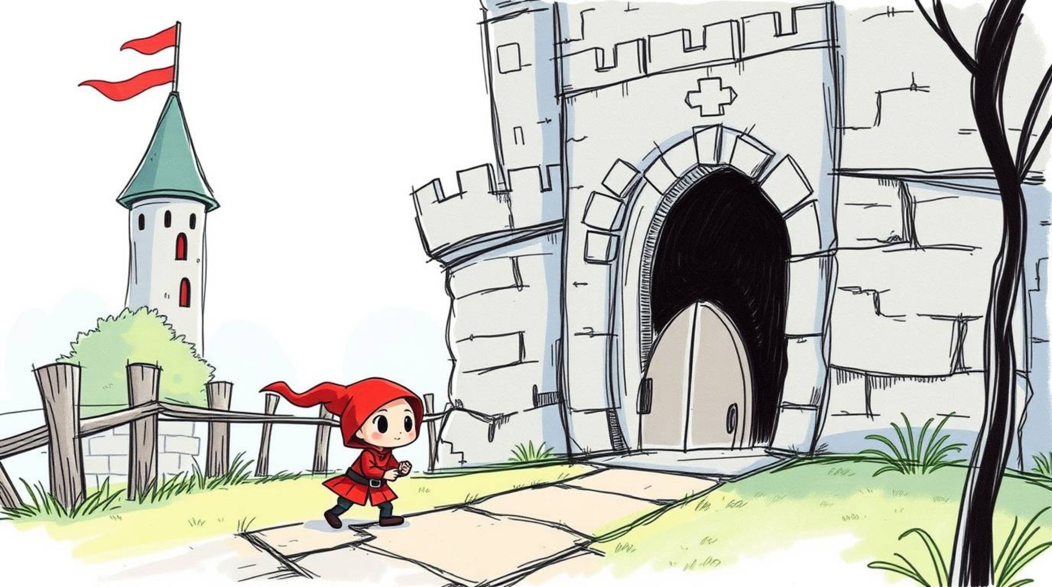 A charming, hand-drawn color sketchnote depicts an adorable and cute thief sneaking into a heavily guarded castle. The artwor