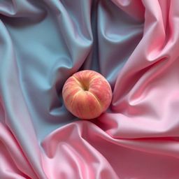 A high-angle ASMR image showcases a soft, blushing pink peach elegantly resting on silky pastel pink fabric. The scene is enr