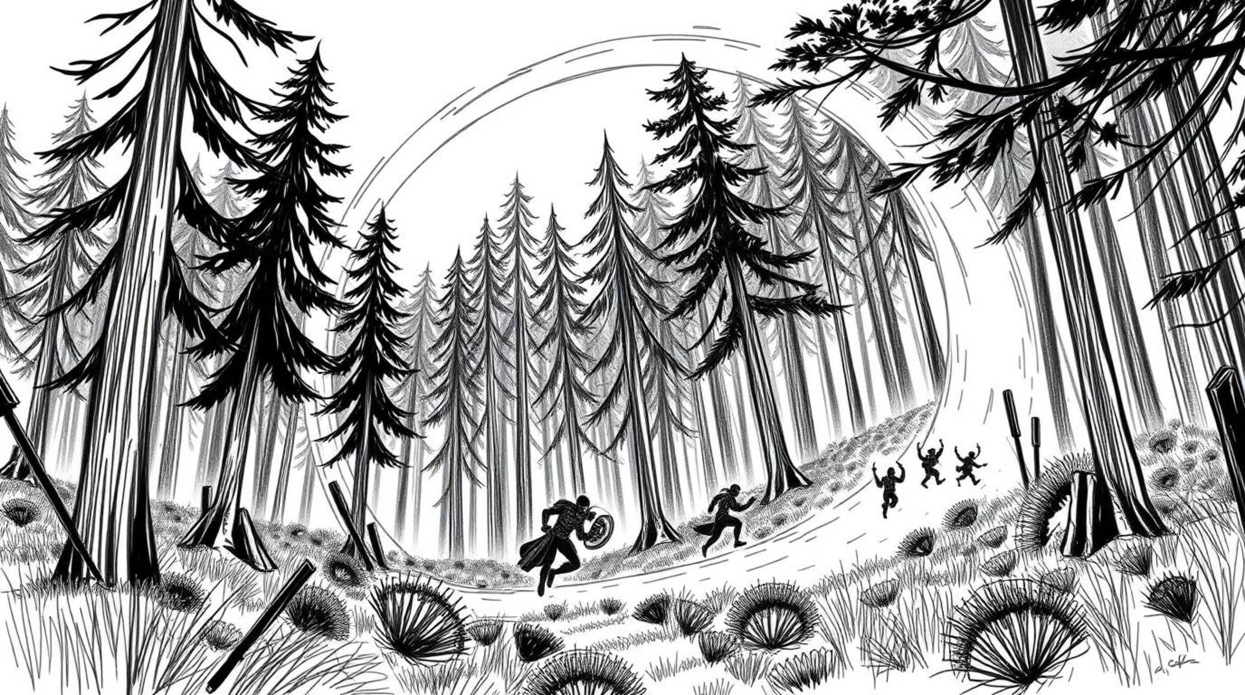 A captivating hand-drawn black and white sketchnote depicts a thrilling, large-scale chase through a looping forest.  The sce