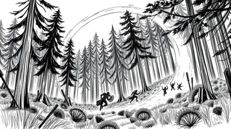 A captivating hand-drawn black and white sketchnote depicts a thrilling, large-scale chase through a looping forest.  The sce