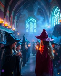 Discover a magical school brimming with young wizards, bathed in vibrant, complementary colors. Experience an ethereal, peac