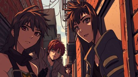 A captivating close-up, Isekai anime-style illustration depicts a grungy city alleyway, divided into distinct sections.  It f