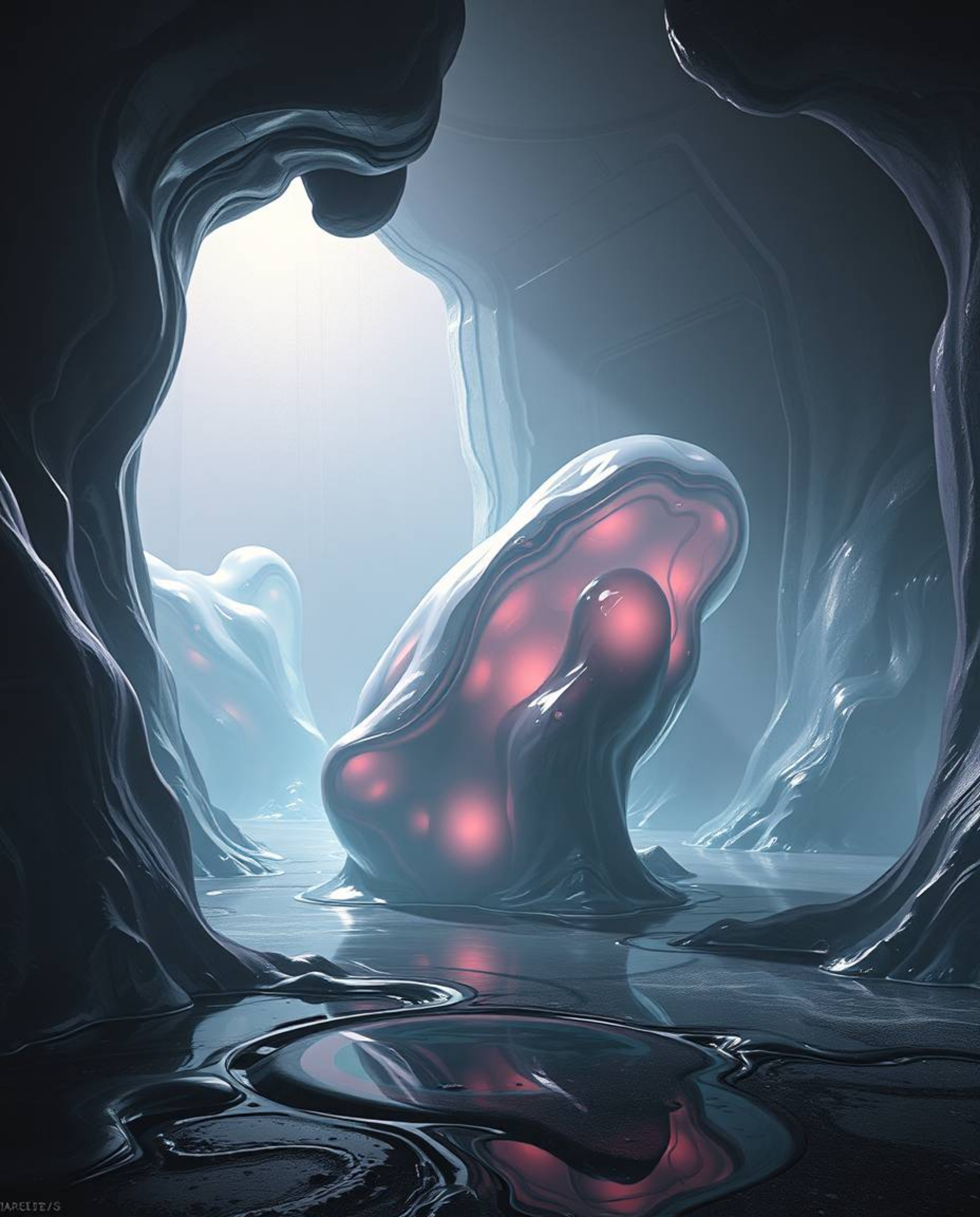 This digital painting presents a strong, moody atmosphere, showcasing surreal 3D fluid shapes that evoke the feeling of melte