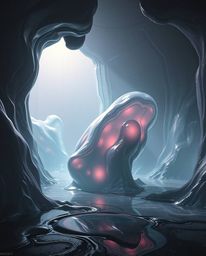 This digital painting presents a strong, moody atmosphere, showcasing surreal 3D fluid shapes that evoke the feeling of melte