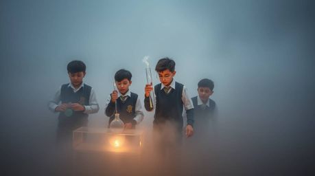 A captivating long exposure photograph showcases a group of uniquely styled children in school uniforms conducting exciting s