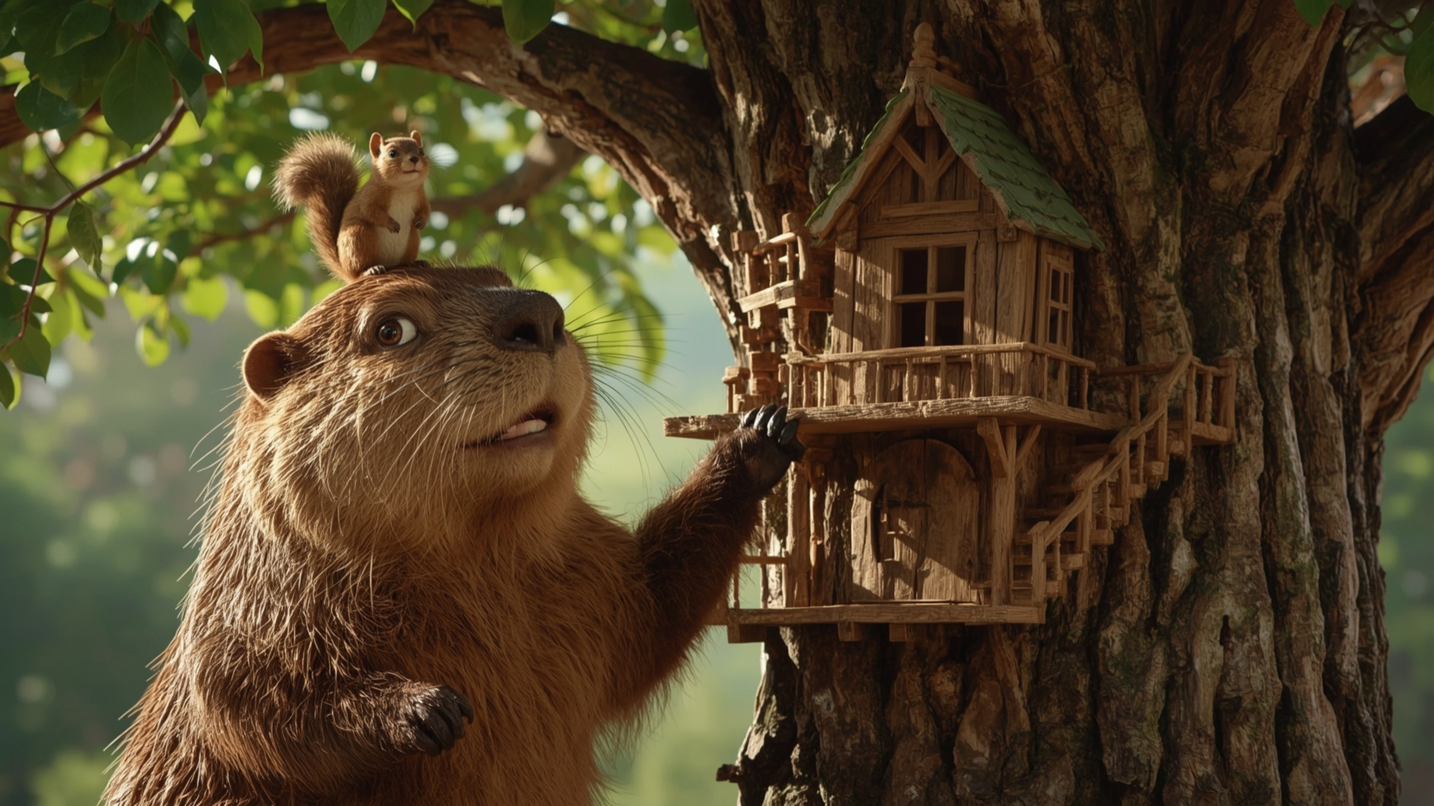 A high-resolution, professionally photographed, commercial-quality image of a beaver in a whimsical, Pixar-inspired setting, 
