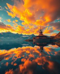 An architectural photograph offers a precise depiction of the reflections of fiery clouds in a mountain lake. The image is ch