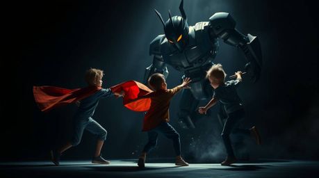 Witness an intense battle between three superpowered children and a formidable robot.  High-contrast, low-key lighting dramat