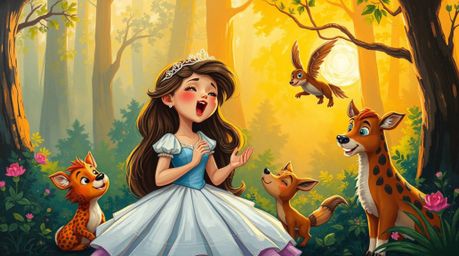 This stunning artwork captures a princess joyfully singing with her forest animal friends in a classic vintage 2D animation s