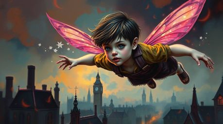 A captivating digital painting depicts a fair-skinned boy soaring above London, propelled by pixie dust.  The artwork utilize