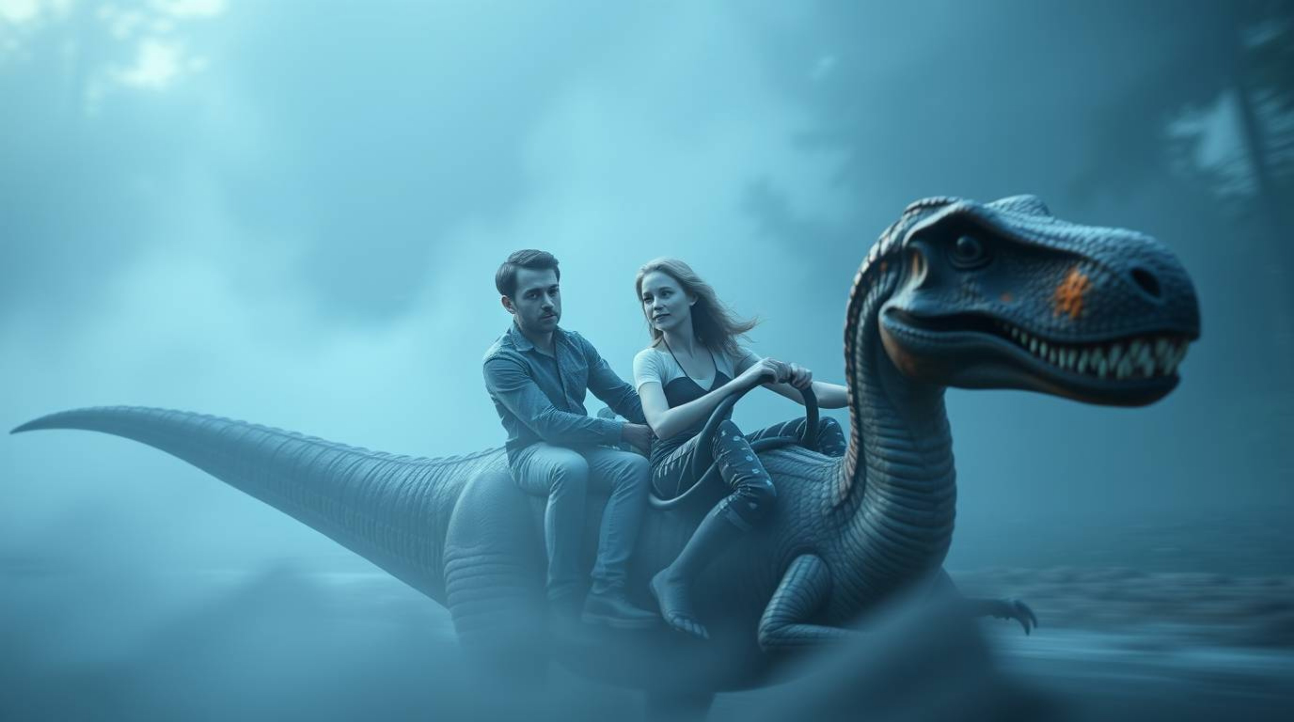 A whimsical illustration depicts a pale-skinned prehistoric family enjoying a tranquil ride in a dinosaur-shaped car.  Cool b