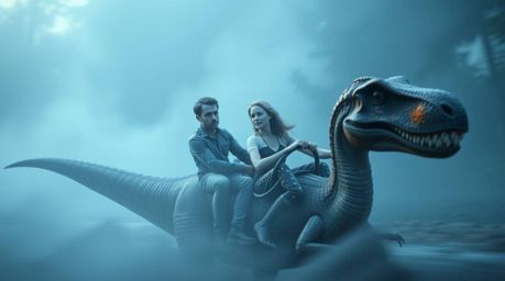 A whimsical illustration depicts a pale-skinned prehistoric family enjoying a tranquil ride in a dinosaur-shaped car.  Cool b