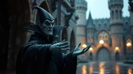 A classic Disney villain is casting a spell within the depths of an aged castle, captured in a mesmerizing wet and rainy scen