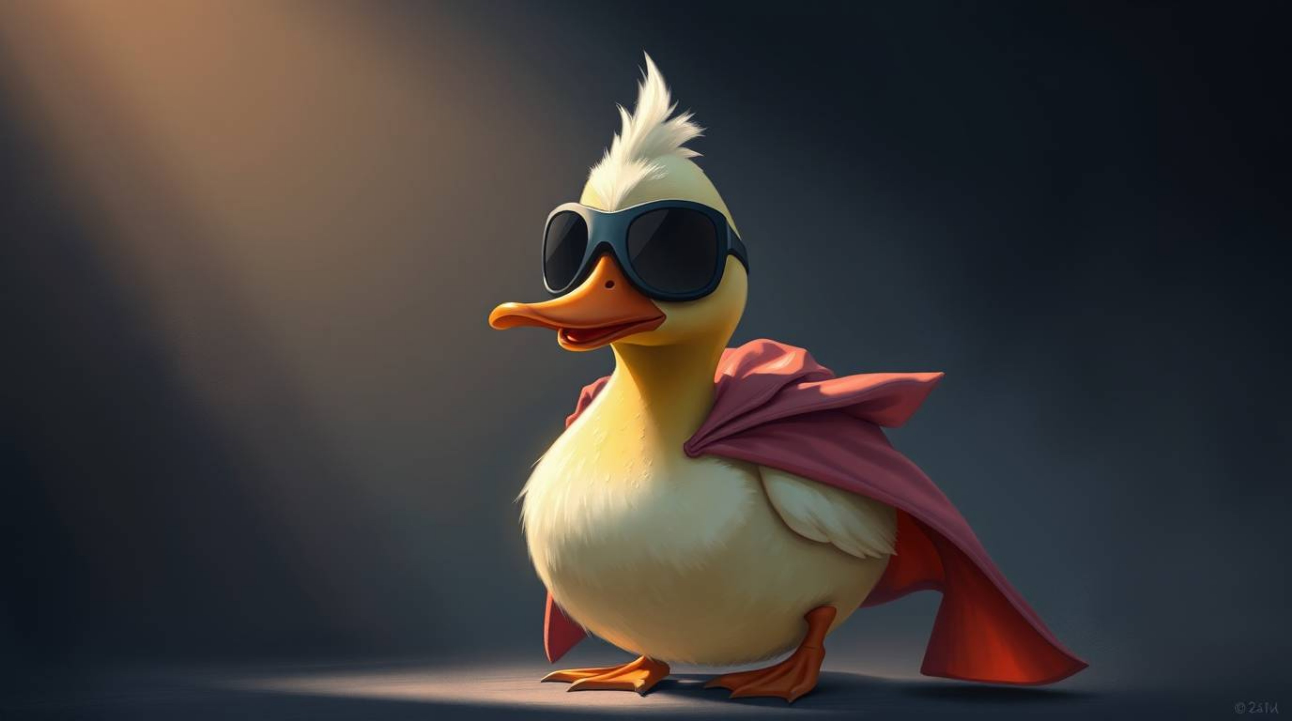 This digital painting showcases a duck donned in a zany superhero costume, brought to life with contrasting chiaroscuro light