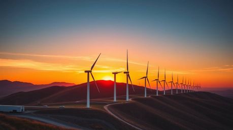 A vibrant architectural photograph captures the breathtaking colors of a sunset painting the sky behind a row of wind turbine