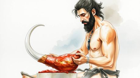 A delicate watercolor painting captures a caveman gracefully cooking mammoth meat, showcasing refined facial features and the