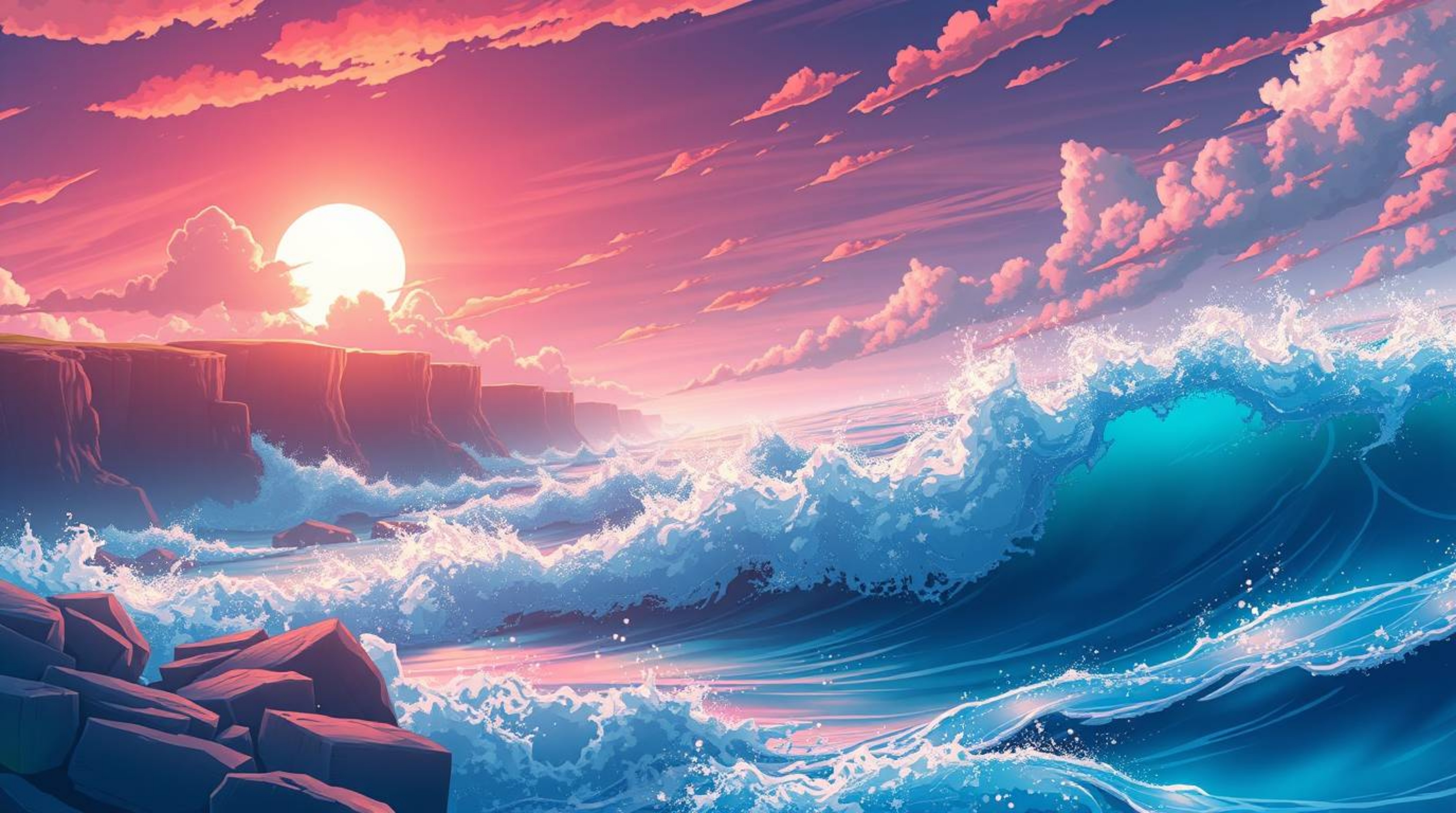 Immerse yourself in an ethereal and spiritual Isekai anime-style composition, showcasing waves dramatically crashing on cliff