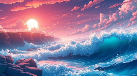 Immerse yourself in an ethereal and spiritual Isekai anime-style composition, showcasing waves dramatically crashing on cliff